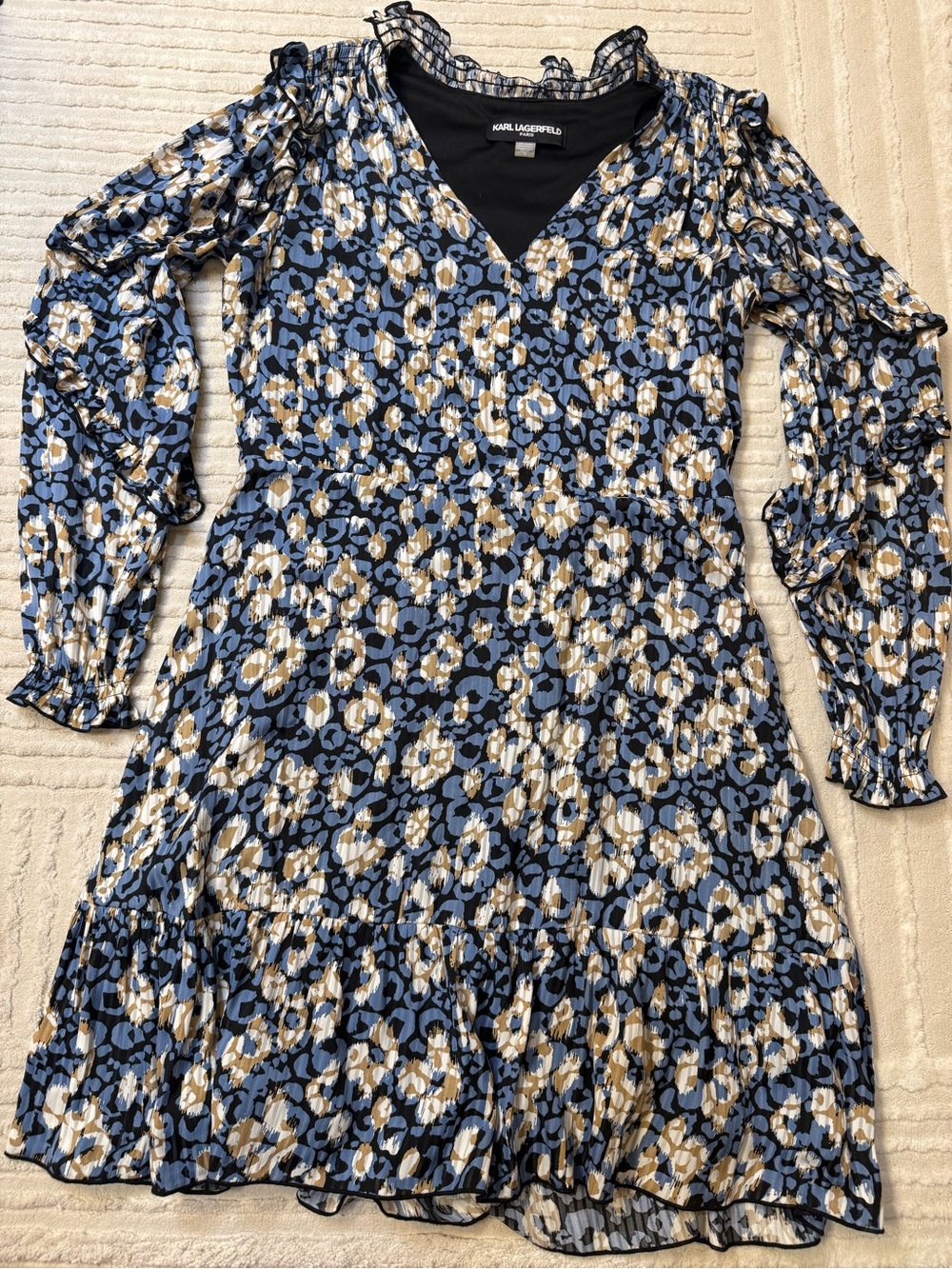 Karl Lagerfeld Paris Animal Print Ruffle Midi Dress Blue size 12